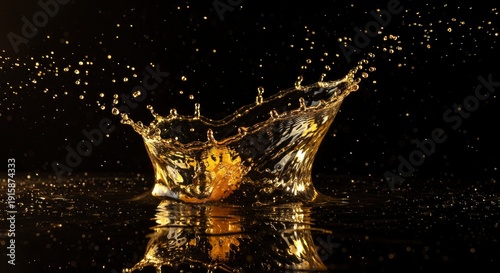 Golden Liquid Splash with Bubbles and Reflections