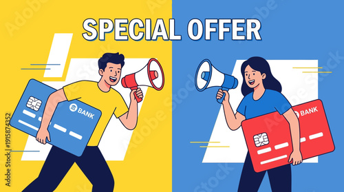 Financial Special Offer Announcement. Man and Woman Running with Credit Cards and Megaphones. Banking Deal Promotion.