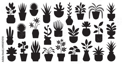 Collection of various potted houseplants and plants in silhouette vector graphic