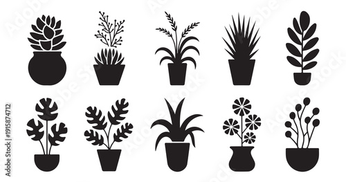 Set of ten decorative potted plants vector silhouettes for interior design and botanical themes
