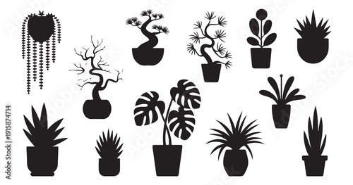Set of various indoor potted plant silhouettes vector illustration for home decor and gardening
