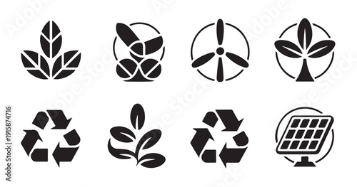 Set of eight natural and green energy vector icons including leaves, recycling, and solar panel