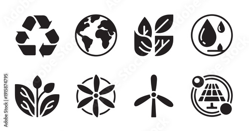 Ecological icons set featuring recycle symbol earth globe and renewable energy vector design