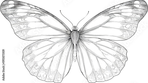 A grayscale line drawing of a butterfly, showcasing intricate wing patterns and delicate antennae