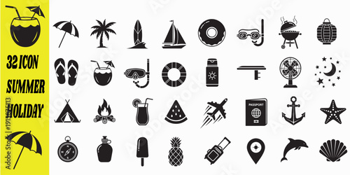 Collection of 32 Summer Holiday Icons for Travel and Leisure.