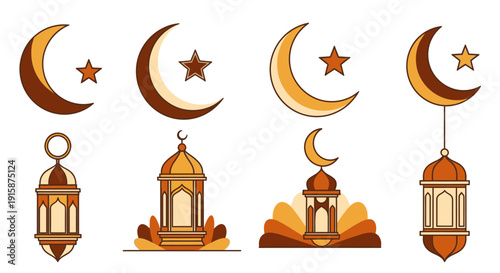 Islamic lanterns and crescent moons illustration set on a white background, depicting a cultural celebration or festive atmosphere with stars and religious symbols