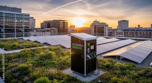 A modern, sleek black electric vehicle charging station with prominent green 'SUSTAINABLE BUSINESS' branding stands on a vibrant, flourishing green rooftop garden, surrounded by an array of efficient