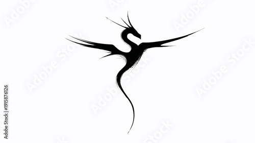 Black dragon silhouette with a brush stroke effect, spreading wings and a long tail, on white