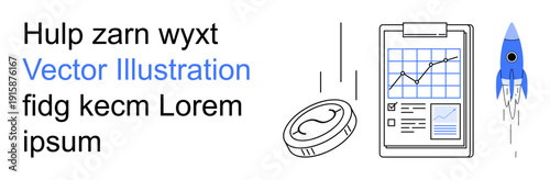 Business growth, startup success, financial planning, economic strategy, data analysis, innovation. A chart, coin and rocket. Business growth and startup success