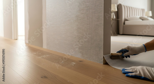 Person applying textured wallpaper to a wall in a bedroom with a bed
