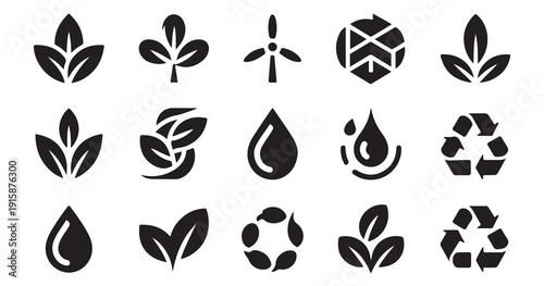 Eco friendly leaf icons set with water drops and recycling symbols for sustainable branding