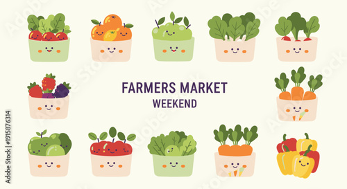 Vibrant cartoon vegetables and fruits arranged in baskets at a bustling outdoor Farmers Market Weekend event
