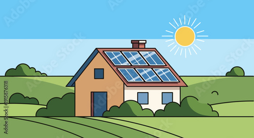 Modern house with solar panels on the roof for sustainable energy production