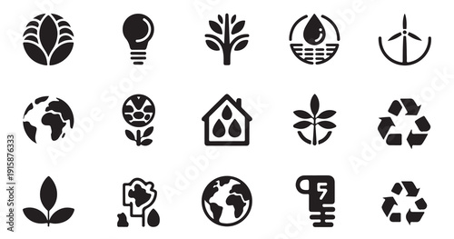 Green energy and environmental protection symbols in silhouette vector art