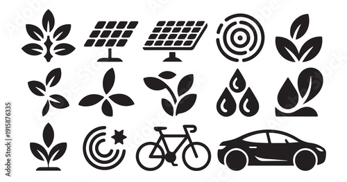 Solar panels and bicycle icons for renewable energy plus electric vehicle for green transport