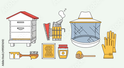 Beekeeping equipment and honey production icons set in flat design style