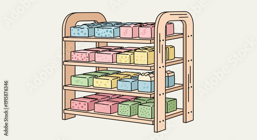 Wooden drying rack with colorful handmade soap bars in a flat illustration style
