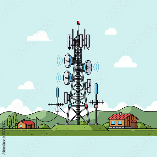 Telecommunication tower in a rural landscape with houses and hills illustration