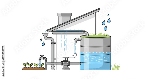Rainwater harvesting system illustration with storage tank, gutters, and garden irrigation
