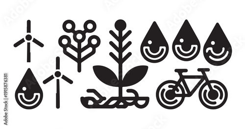 Wind turbine and smiling water drop icons with bicycle for eco friendly lifestyle collection