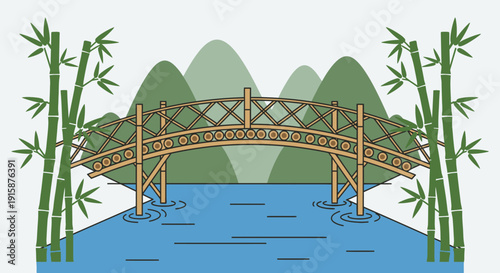 Bamboo arched bridge over a river in a peaceful mountain landscape illustration