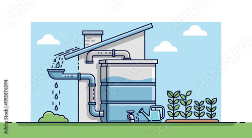 Rainwater harvesting system illustration with house roof, storage tank, and watering can