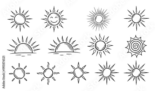 Hand drawn sun doodle icon set vector sunshine and sunburst symbols isolated on transparent background