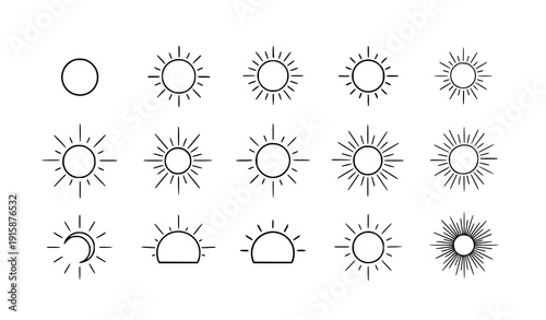 Fényképezés Minimal hand drawn sun outline icon set vector sunburst and rays isolated on tra