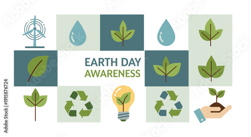 Earth Day awareness illustration featuring eco-friendly symbols and green leaves in a collage layout
