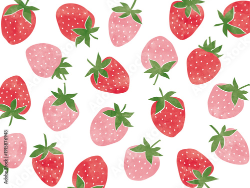 Watercolor Strawberry Background in Red and Pink, Cute Hand Painted Fruit Pattern for Summer Design
