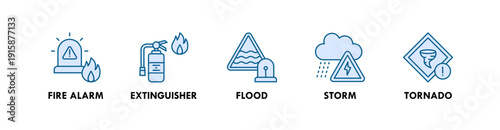Emergency banner web icon illustration concept with icon of fire alarm, extinguisher, flood, storm, tornado