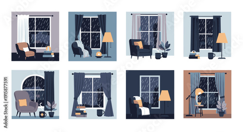 Vector illustrations of modern living room interiors with furniture and lamps viewed from outside through windows at night.