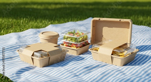 Picnic Food Containers on Striped Blanket in Grass