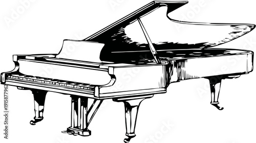A black and white illustration of a grand piano with its lid open