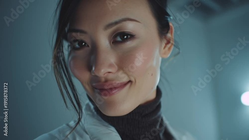 A young Asian woman wearing glasses and a lab coat examines something in a video