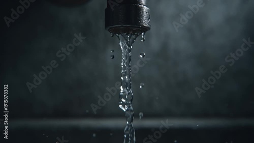 A video shows water flowing from a faucet in a dark and moody atmosphere slowly