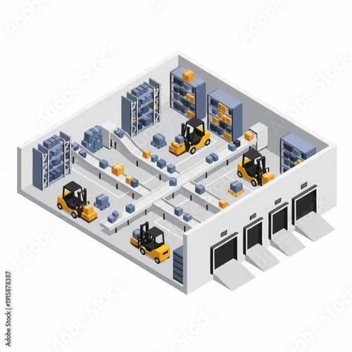 Isometric view of a modern warehouse with automated systems and forklifts.