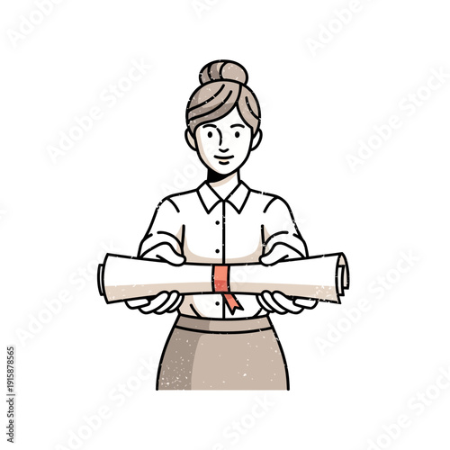 Woman holding diploma scroll with ribbon, achievement, graduation, education, award