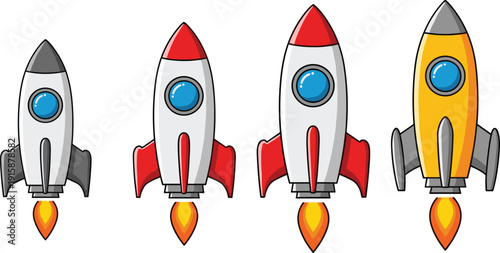 Cartoon rocket ship illustration set showing colorful space launch rockets, startup growth and innovation concept collection isolated on white background for business and technology design