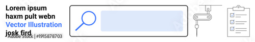 Digital tools, automation, workflow, productivity, technology, user interface. Search bar with magnifying glass, robot arm and checklist icon. Digital tools and automation concept