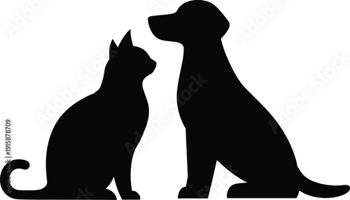 Cat and dog silhouette vector, black animal icons, pet companionship artwork, minimalist design, domestic pets illustration, white background, facing each other