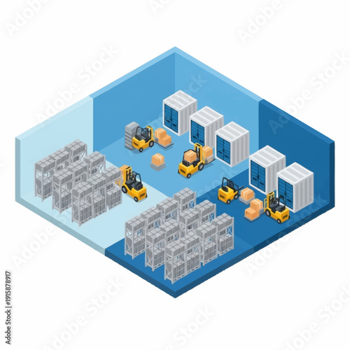 Isometric warehouse with forklifts and various goods.