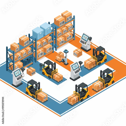 Isometric Warehouse with Forklifts and Worker Managing Inventory.