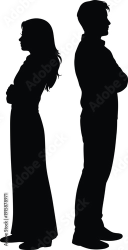 Black silhouette of two individuals standing back-to-back with arms crossed, emotional distance concept, relationship conflict, separation tension artwork, dramatic posture illustration
