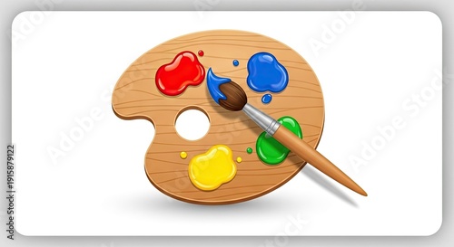 Wooden Artist Paint Palette with Vibrant Red Blue Yellow Green Paint Splatters and a Brush Ready for Creation on a Clean White Background