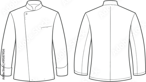 Chef jacket technical fashion sketch, front and back view, vector template, garment design, sewing pattern, flat CAD drawing illustration