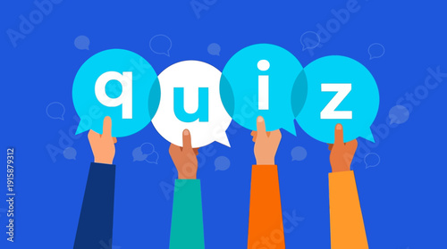 Group of Diverse Hands Holding Speech Bubbles Spelling 'QUIZ'. Flat Vector Illustration for Interactive Testing, Online Assessment, and Trivia Games.