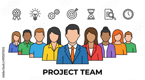 Project Team Concept Vector Illustration with Business Management Icons | Diverse Corporate Group Avatars for Planning and Strategy