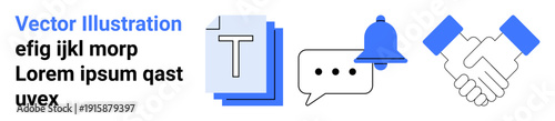 Business collaboration, teamwork, communication, notifications, agreements, messaging. Icons include file document, notification bell speech bubble with dots and handshake. Business collaboration