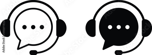 Customer Support Chat Icon Set, Headset Communication and Help Desk Solid and Outline Vector Collection on White Background